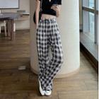 Plaid Wide-leg Pants / Short-sleeve V-neck Cropped T-shirt / Set