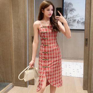 Spaghetti Strap Frog Button Plaid Midi Shift Dress