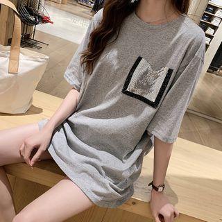 Sequined Pocketed Elbow Sleeve T-shirt