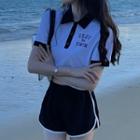 Short-sleeve Lettering Print Cropped Polo Shirt / Sweatshorts
