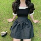 Short-sleeve Lace Trim Top / High-waist Plain Skirt
