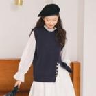 Crewneck Split Sleeveless Sweater / Ruffle Long-sleeve Shirt