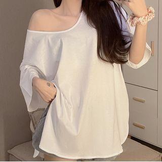 Elbow-sleeve U-neck Plain Loose Fit Slit T-shirt