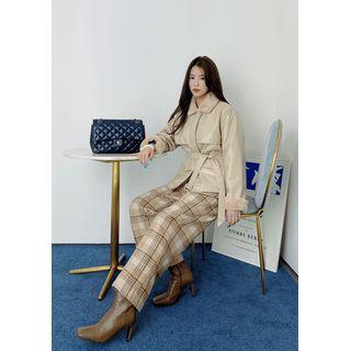 Drawcord-waist Wide Plaid Pants Beige - One Size