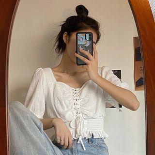 Lace Up Square Neck Short-sleeve Top White - One Size