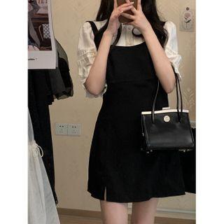 Spaghetti-strap Plain Mini A-line Dress / Elbow-sleeve Blouse