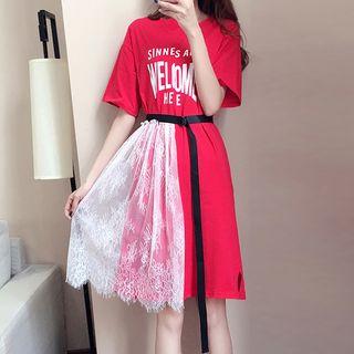 Lace Panel Lettering Elbow Sleeve T-shirt Dress