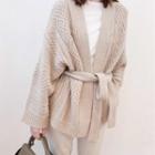 Cable Knit Tie-waist Cardigan Beige - One Size