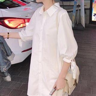 Elbow-sleeve Bow-accent Loose Fit Shirtdress