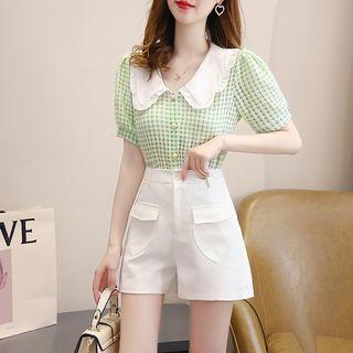 Set: Short-sleeve Houndstooth Blouse + High Waist Shorts