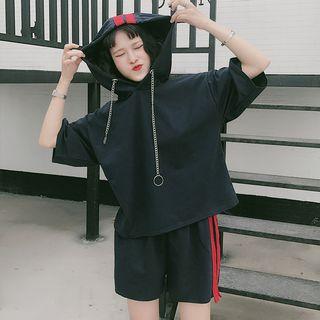 Set: Striped Elbow-sleeve Hoodie + Shorts
