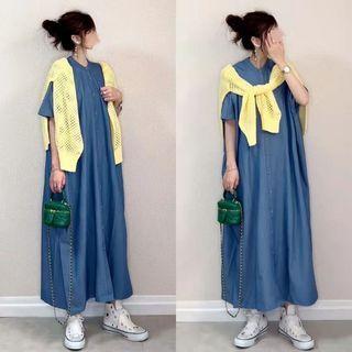 Short-sleeve Midi Tunic Dress Blue - One Size
