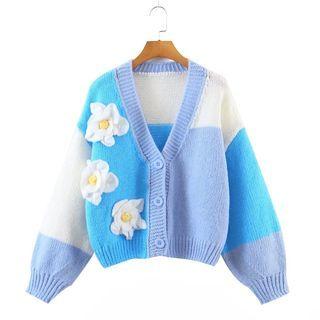 Color Block Flower Cardigan Blue - One Size