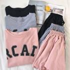 Set:lettering Printed Short-sleeve Top + Plain High-waist Shorts