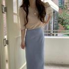 Set: Crew-neck Puff-sleeve Blouse + Midi Straight-fit Skirt Blouse - Almond - One Size / Skirt - Light Blue - One Size