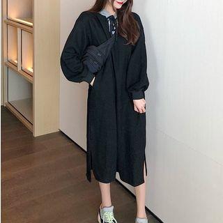 Puff-sleeve Lace-up Midi Hoodie Dress Black - One Size