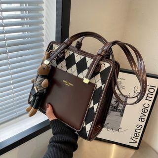 Argyle Panel Faux Leather Tote Bag