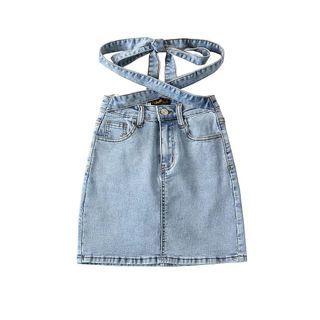 Tie-waist Denim Mini Pencil Skirt