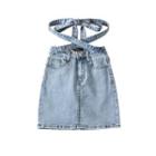 Tie-waist Denim Mini Pencil Skirt
