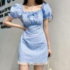 Puff-sleeve Gingham Lace Trim A-line Dress