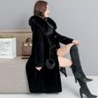 Drawstring-waist Furry Hood Snap-buttoned Coat