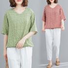 Elbow-sleeve Gingham T-shirt