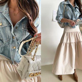Drawstring-waist Denim Jacket Blue - One Size