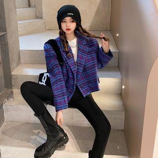 Plaid Cropped Blazer Plaid - Blue & Purple - One Size