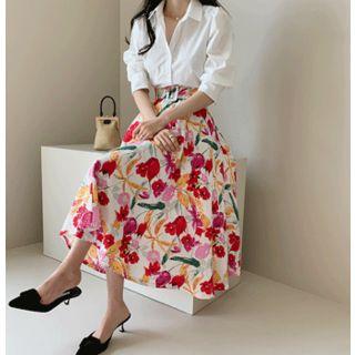 Buckled-waist Floral Print Maxi Skirt
