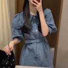 Puff-sleeve Ruffle Trim Collar Belted Mini A-line Dress Blue - One Size