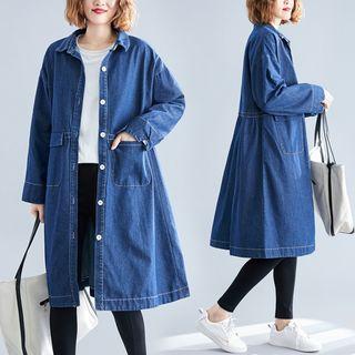 Plain Long-sleeve Denim Jacket Blue - L