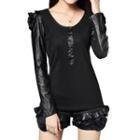 Faux Leather Rosette Long-sleeve Top