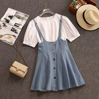 Set: Plain Short-sleeve Blouse + Mini Denim Suspender Skirt