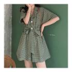 Checked Elbow-sleeve Wide-leg Playsuit