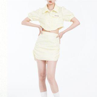 Set: Puff-sleeve Argyle Print Crop Shirt + Shirred A-line Skirt