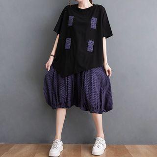 Set: Elbow-sleeve Irregular T-shirt + Puffy Capri Pants