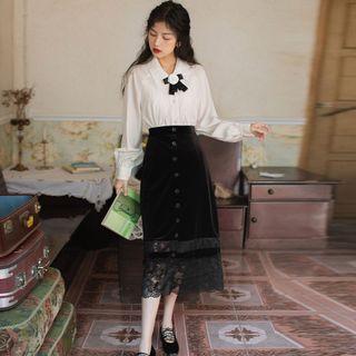 Set: Blouse + Lace Panel Midi Skirt