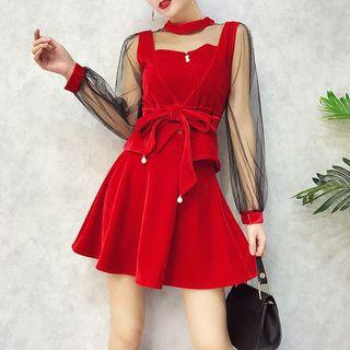 Set: Mesh Panel Long-sleeve Velvet Top + A-line Skirt