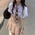 Short-sleeve Ruffled Shirt / Pleated A-line Skirt / Plaid Neck Tie / Set
