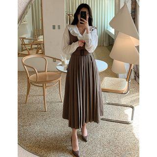 Belted Pleated-front Long Pinafore Dress