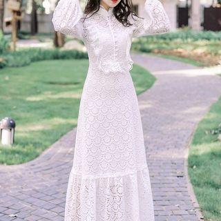 Eyelet Lace Long-sleeve Midi A-line Dress
