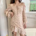 Long Sleeve Square Neck Floral Print Drawstring Mini Sheath Dress