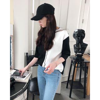 Elbow-sleeve Scalloped Two-tone T-shirt