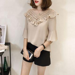 Ruffled Lace Trim Elbow-sleeve Chiffon Top