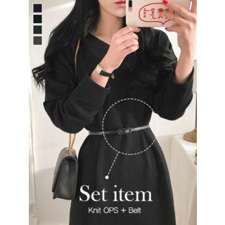 Belted Rib-knit Midi Dress
