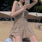 Sleeveless Curve-striped Collared Knit Top / Mini Pleated Skirt