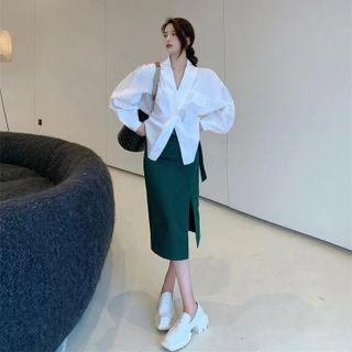 V-neck Blouse / Slit Midi Pencil Skirt / Set