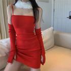 Spaghetti Strap Knit Mini Bodycon Dress / Arm Sleeves / Fluffy Collar / Set