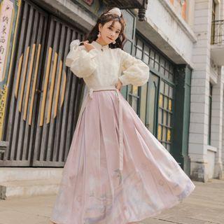 Embroidered Blouse / Short-sleeve Traditional Chinese Top / Midi Skirt