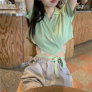 Short-sleeve Collared Tie-waist Cropped Knit Top